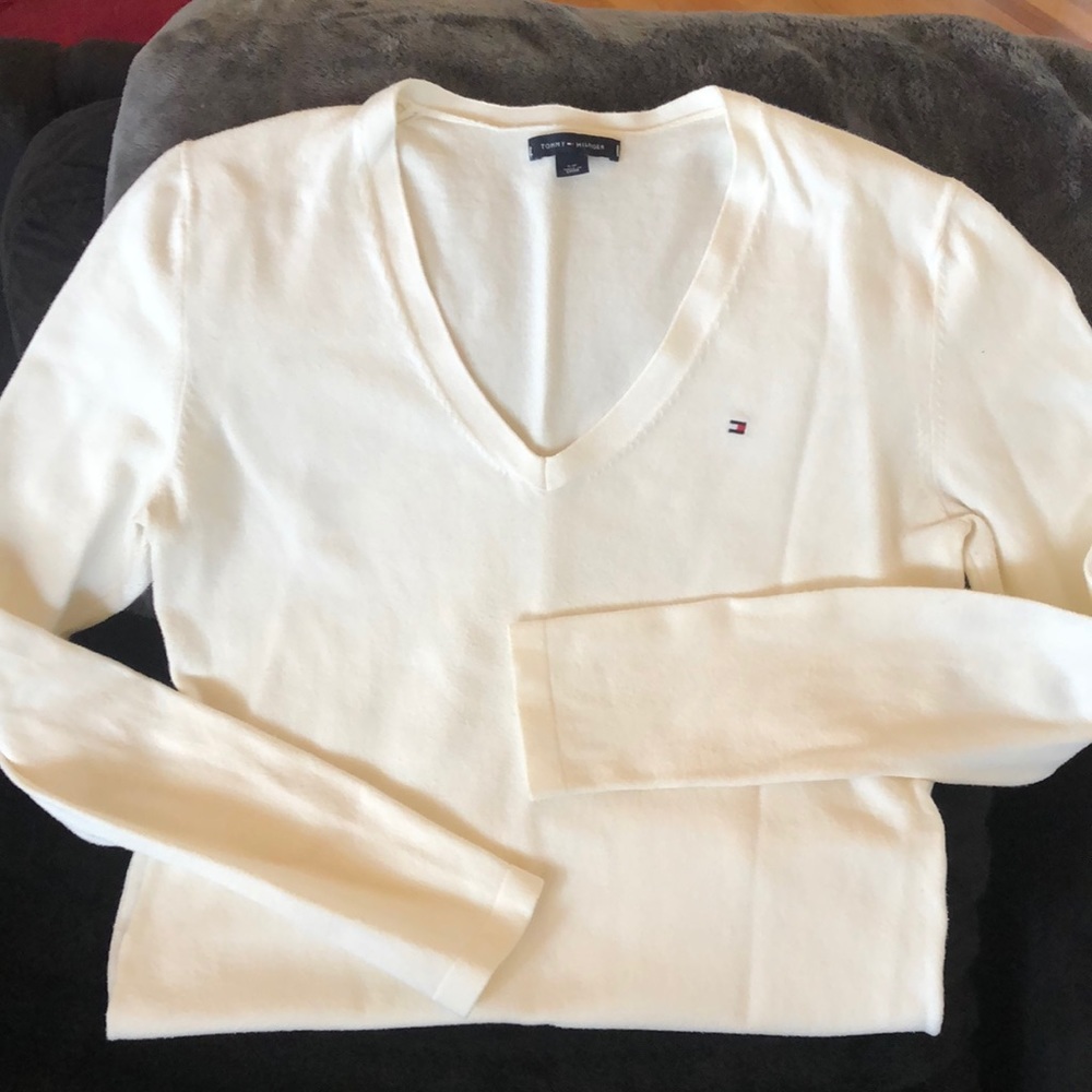Cream fitted v neck Tommy Hilfiger sweater